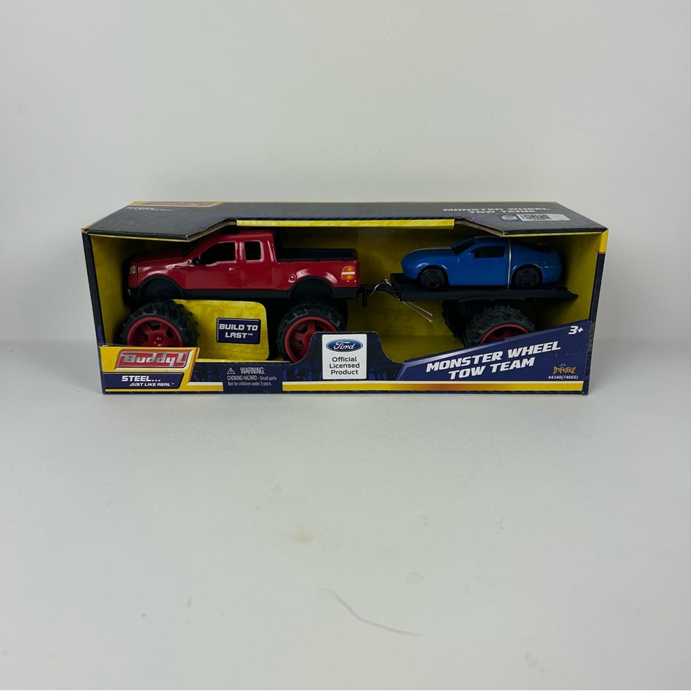 NIB - Buddy L Ford Truck Monster Wheel Tow Team Red W/ Trailer & Blue Race Car